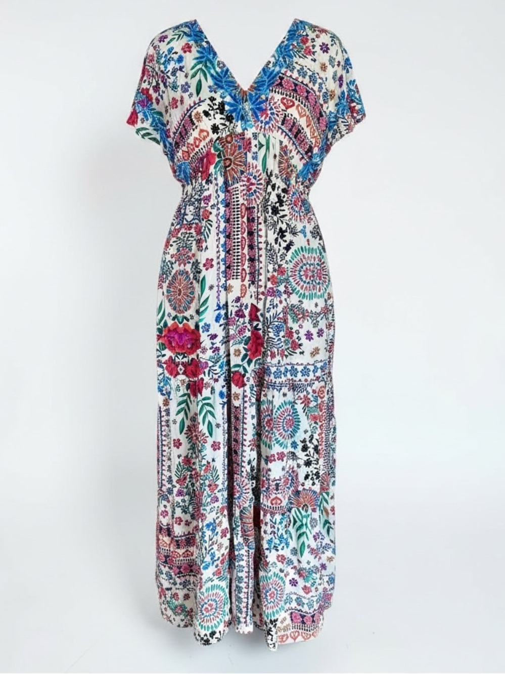 Karyn Seo Boho Embroidered Floral Tiered Maxi Dress Sz M Elastic Empire Waist